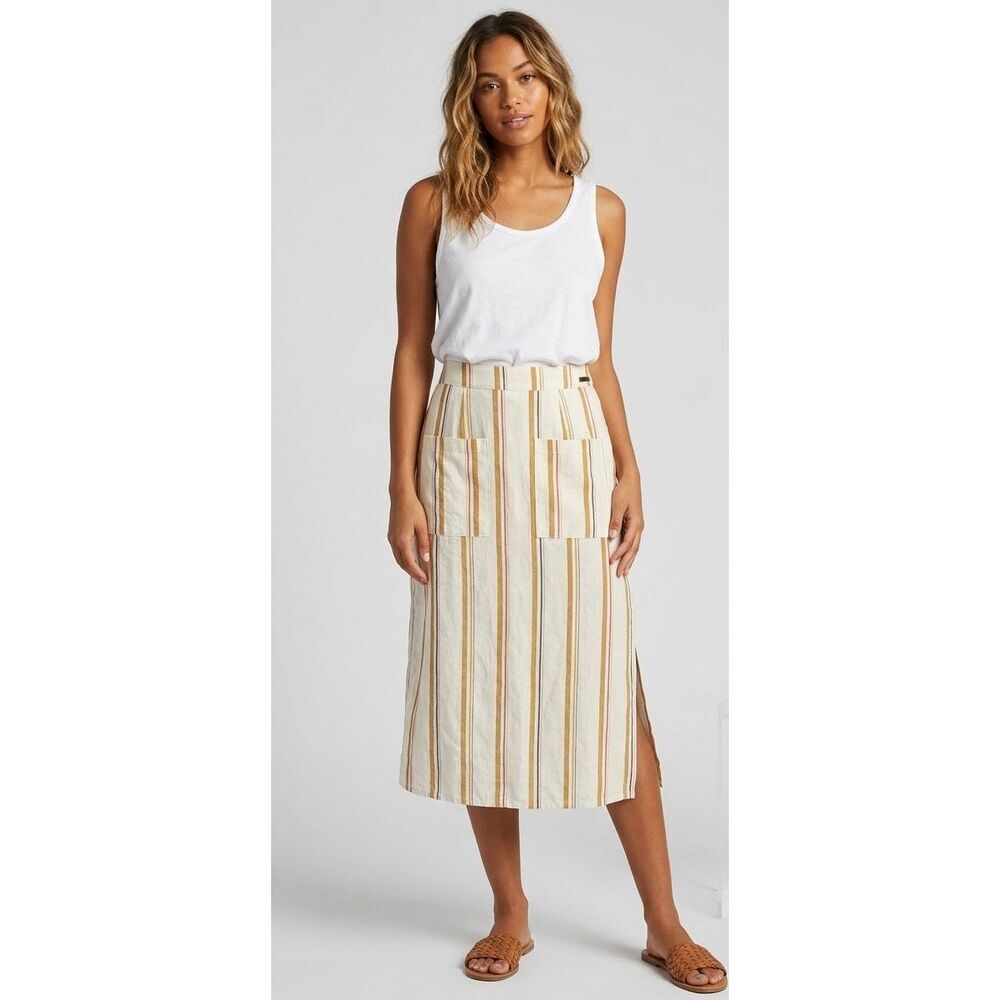 Billabong Skip It Striped Linen Blend Midi Skirt NWT Large High Waist Pockets
